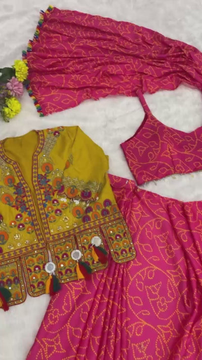 Women's Festive Ready-to-Wear Pink Chinon Silk Saree with Mustard Yellow Embroidered Koti