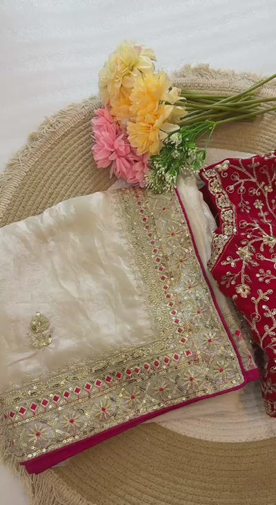 Space Silk Saree with Embroidery & Sequin Work | Stitched Blouse