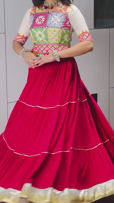 Gajari Pink Navratri Lehenga Choli | Fully Stitched 6 Meter Flair Rayon Cotton Chaniya Choli with Gota Patti & Mirror Work Blouse
