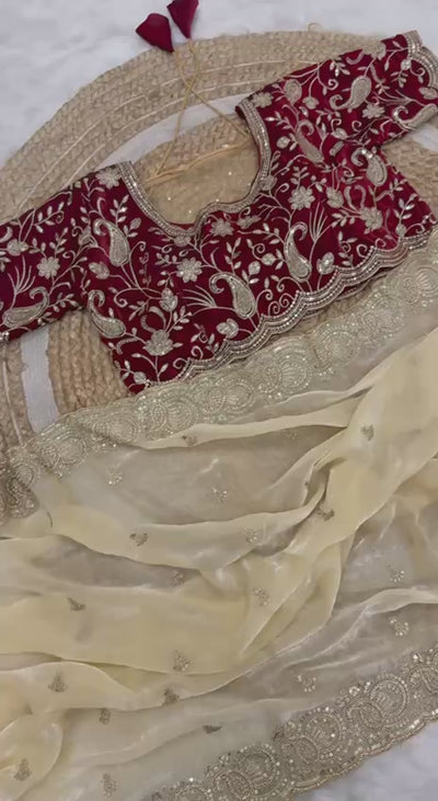 Premium Space Silk Satin Saree | Heavy Sequin, Thread & Zari Work | Scallop Border | Embroidered Blouse