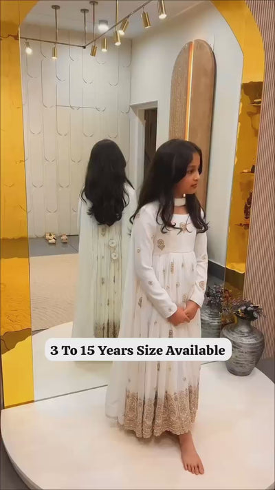 Designer Off White Vichitra Kids Gown with Sequin Work & Dupatta