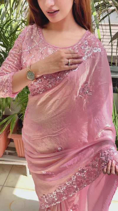 Women's Premium Blush Pink Fandy Satin Saree with Heavy Sequins and Beadwork