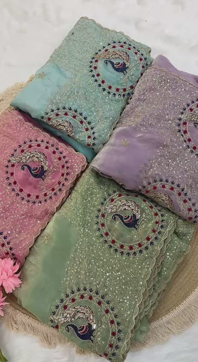 Premium Space Satin Saree | All-Over Thread & Sequin Work | Embroidered Unstitched Blouse | Party & Festive Wear