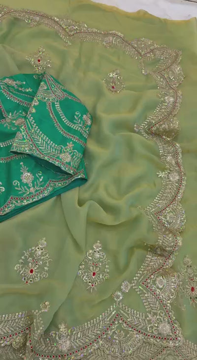 Premium Moss Chiffon Saree | Multi Sequin & Thread Embroidery | Bangalori Silk Contrast Blouse | Wedding & Party Wear