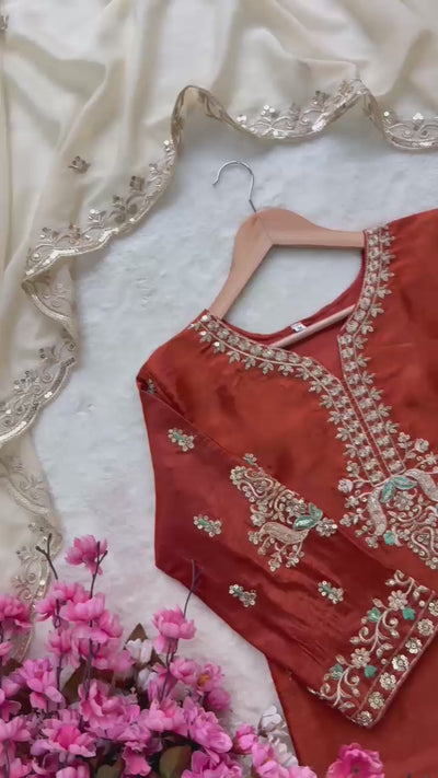 Women's Festive Rust GMY Silk Kurti Palazzo Set with Zari Embroidery and Cream Dupatta