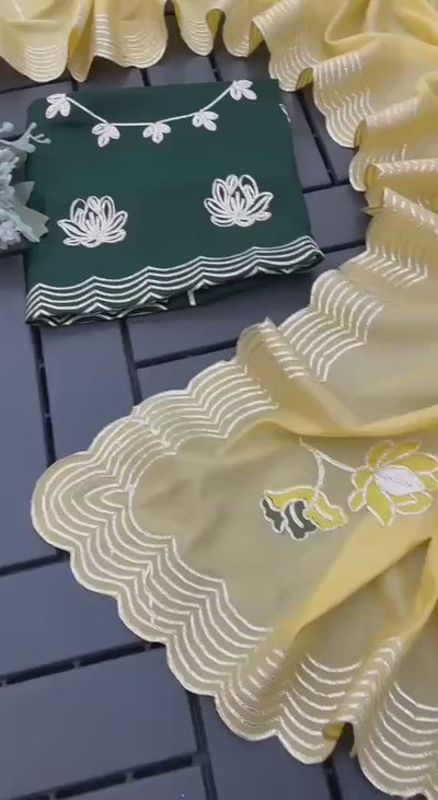 Premium HO Silk Saree with Hand Ribbon Embroidery | Unstitched Mono Silk Blouse