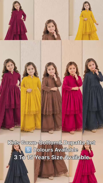 Premium Roman Silk Kids Gown Set | Heavy Embroidery Work | Wedding, Party & Festive Wear | Ages 3–15 Years