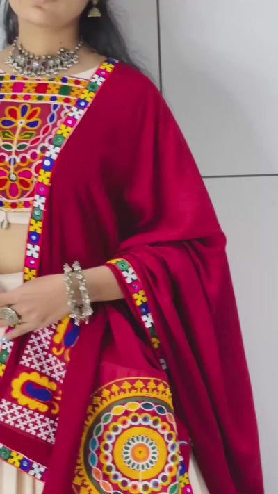 Premium Vanilla Gamthi Mirror Work Lehenga Choli with Dupatta – Fully Stitched Kutchi Navratri Garba Wear
