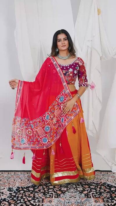 Navratri Special Faux Georgette Lehenga with Real Mirror Blouse with Banglory Silk Embroidered Blouse