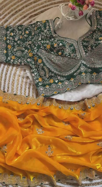 Space Silk Saree with Multi-Sequin & Thread Embroidery Contrast Stitched Blouse