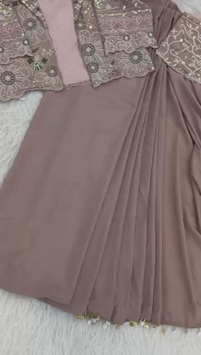 Women's Elegant Pre-Draped Silk Saree with Short-Sleeve Embroidered Jacket