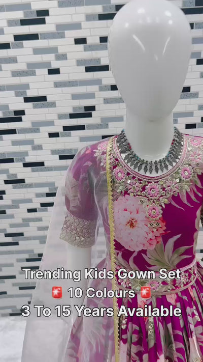 Premium Fox Georgette Kids Gown | Digital Print & Sequin Embroidery | Net Dupatta | Wedding, Party & Festive Wear | Ages 3–15 Years
