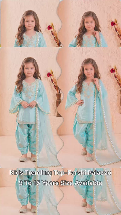 Premium Roman Glass Silk Kids Farshi Palazzo Set | Heavy Embroidery & Sequin Work | Organza Dupatta | Party & Wedding Wear