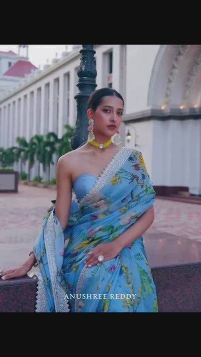Floral Georgette Saree with Zari Sequin Embroidery | Arca Border & Silk Blouse