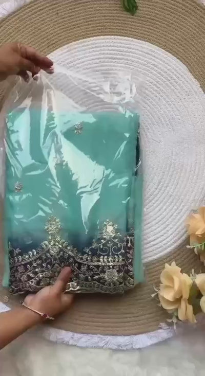 Shipra Moss Pedding Saree with Sequin Border & Heavy Embroidered Raw Silk Blouse