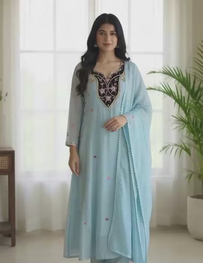 Women's Festive Powder Blue Mul Chanderi Kurta Pant Set with Heavy Embroidered Yoke
