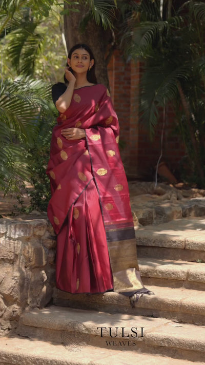 Wine Red Banarasi Soft Silk Saree with Gold Zari Motifs & Rich Brocade Pallu
