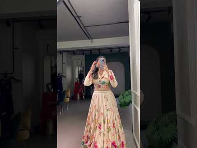 Women's Designer Floral Digital Print Lehenga Set with Collared Crop Top