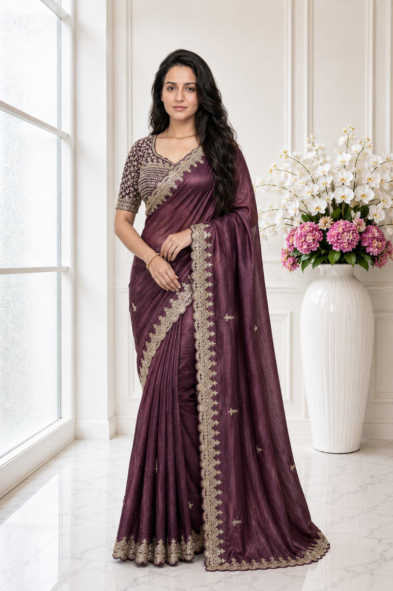 Premium Crinkled Silk Saree | Coding Sequin Embroidery | Stitched Tassel Blouse