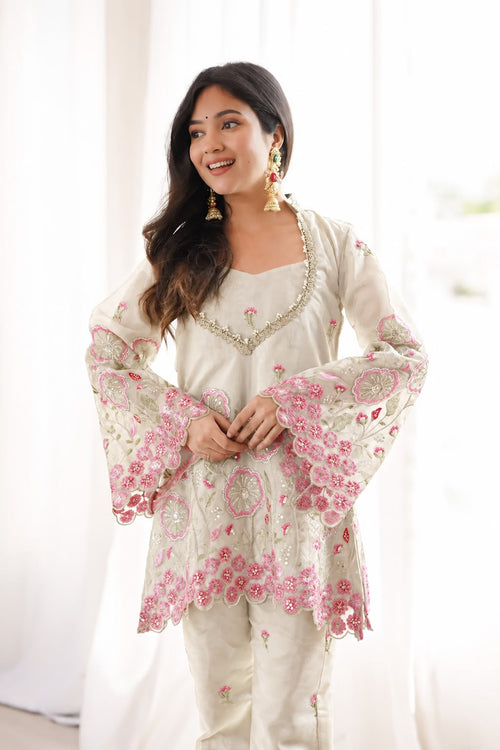 Women's Premium HO Silk Co-ord Set in Ivory Cream with Pink Floral Thread Embroidery
