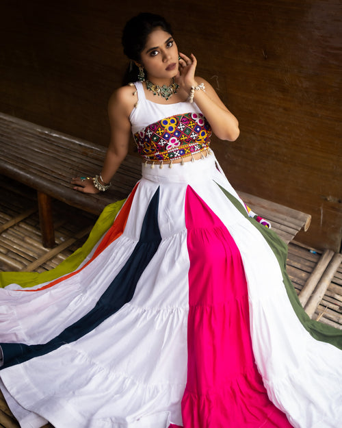 Multicolor Designer Chaniya Choli | Fully Stitched 8 Meter Flair Navratri Lehenga with Gamthi Mirror Work Blouse
