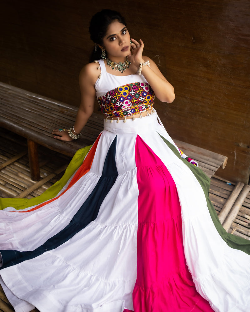 Multicolor Designer Chaniya Choli | Fully Stitched 8 Meter Flair Navratri Lehenga with Gamthi Mirror Work Blouse