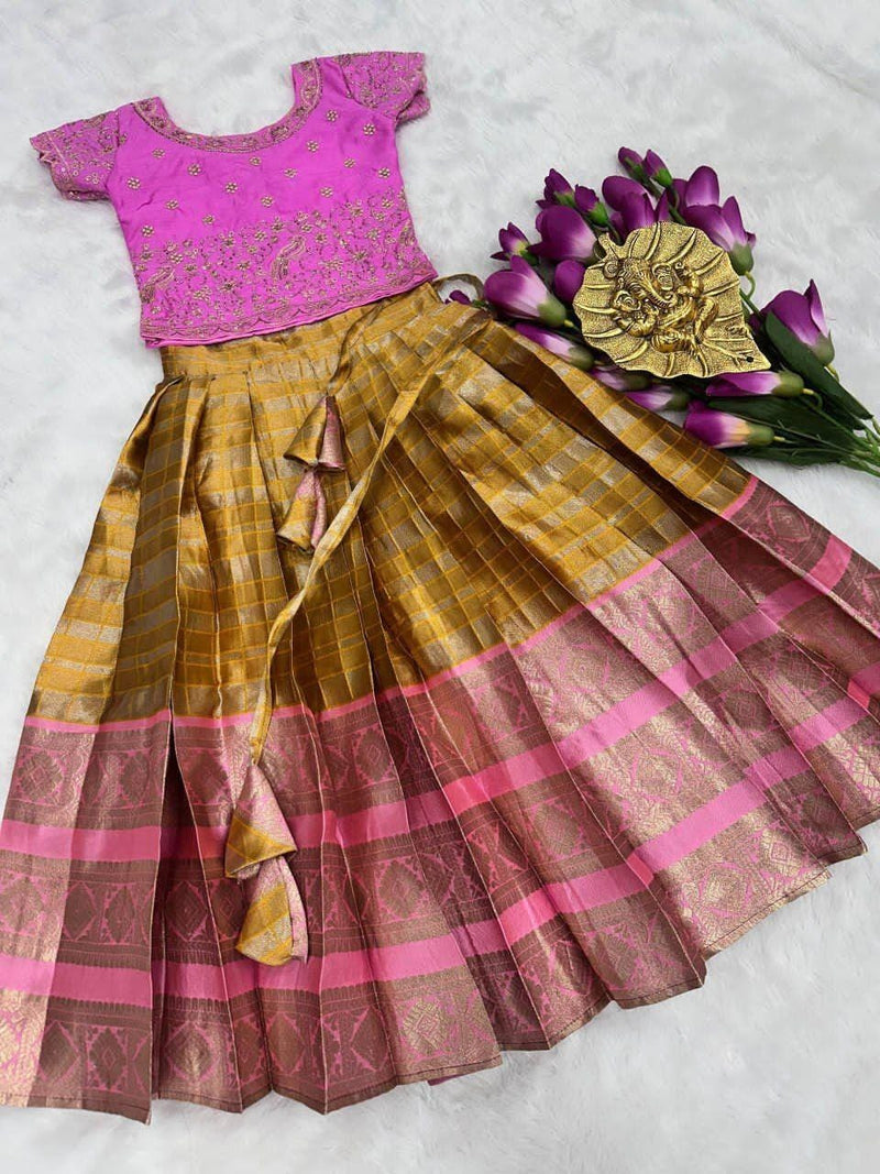 Premium Lichi Silk Kids Lehenga Choli | All-Over Zari Weaving | Full-Flare Canvas Finish | Ages 1–15 Years