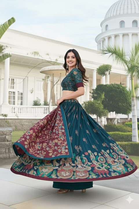 Teal & Wine Dolla Tusser Silk Chaniya Choli | Peacock Print Lehenga