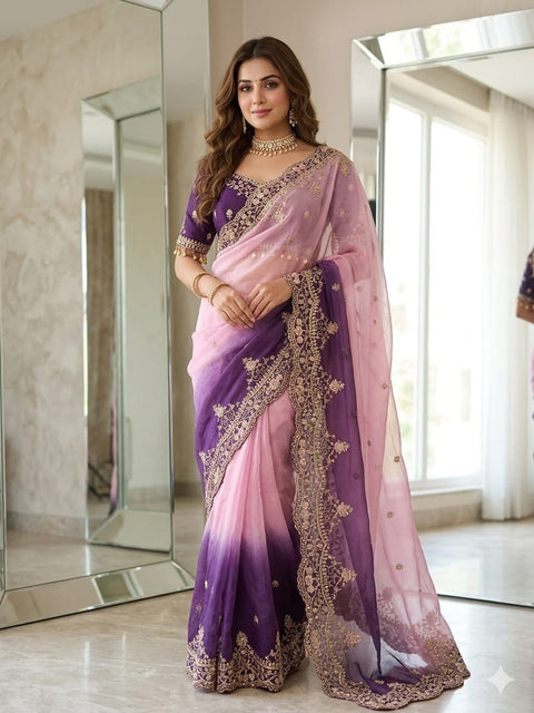 Shipra Moss Pedding Saree with Sequin Border & Heavy Embroidered Raw Silk Blouse
