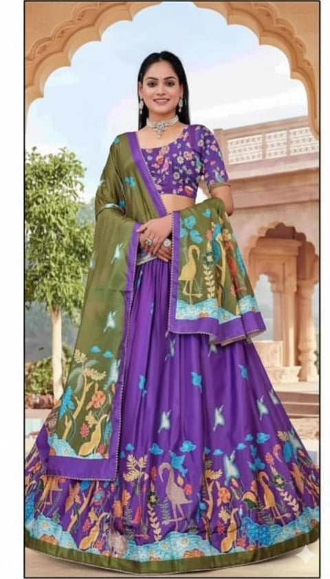 Purple & Olive Green Dolla Tusser Silk Chaniya Choli | Peacock Print