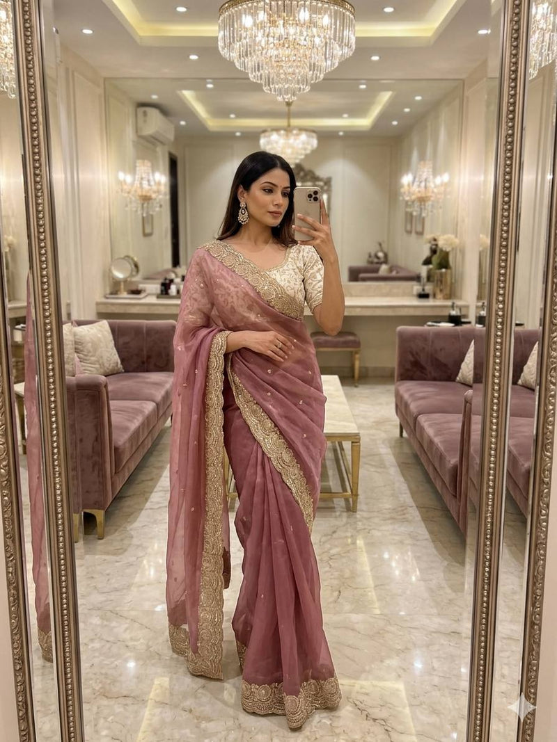 Premium Space Silk Satin Saree | Heavy Sequin, Thread & Zari Work | Scallop Border | Embroidered Blouse