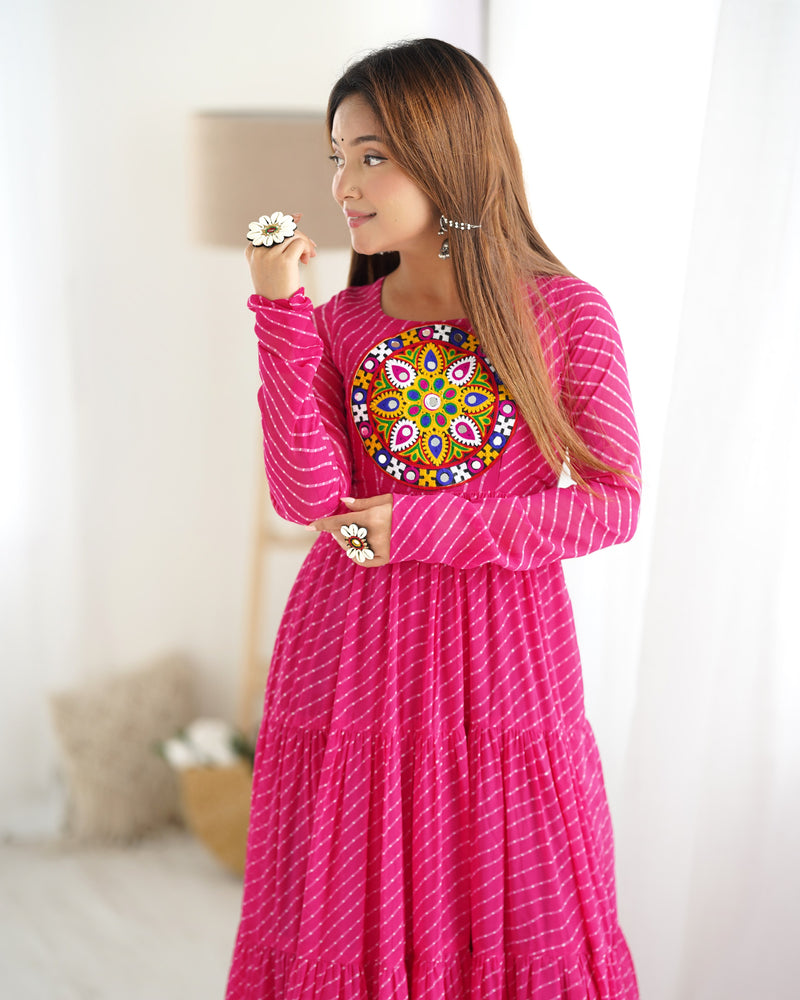Women's Navratri Special Bright Fuchsia Laheriya Print Anarkali Gown with Gamthi Patchwork