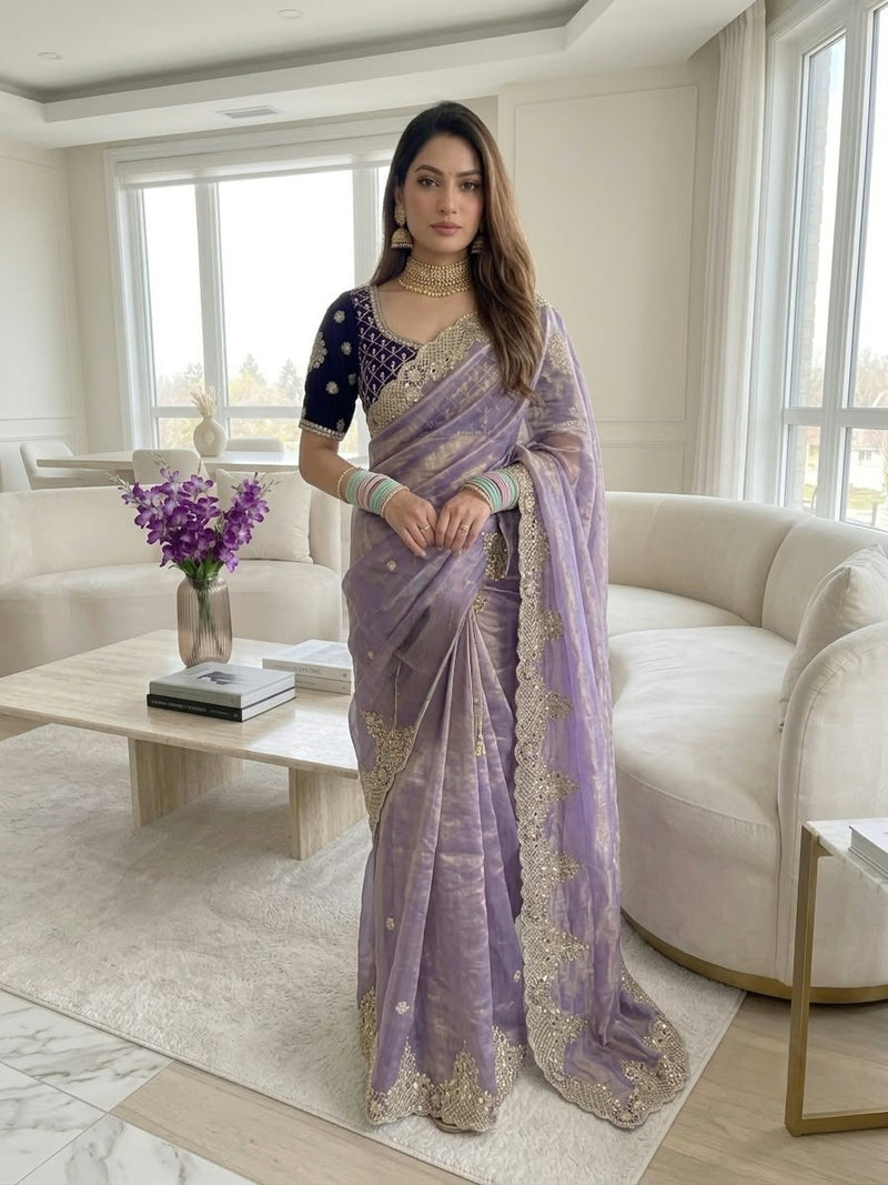 Designer Chiffon Saree with Sequin Work & Stitched Blouse | Noor 2