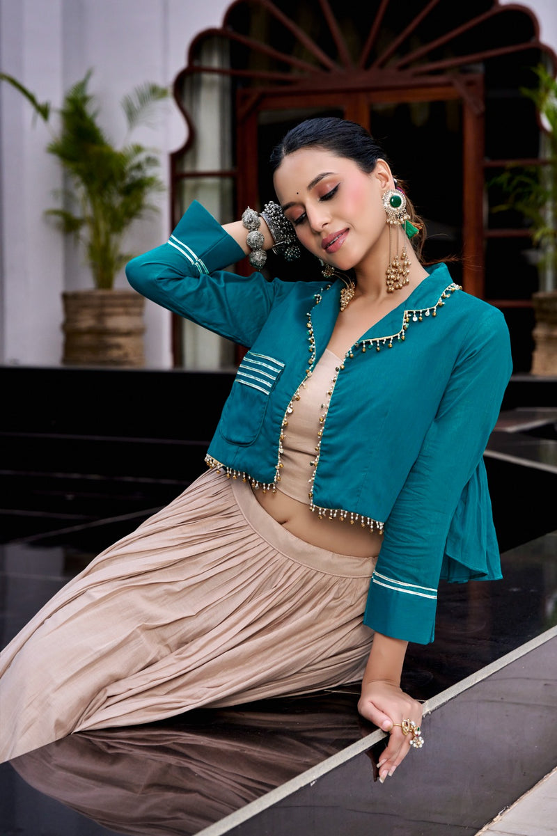 Women's Navratri Special Pure Cotton Flared Lehenga Set with Matching Embroidered Purse