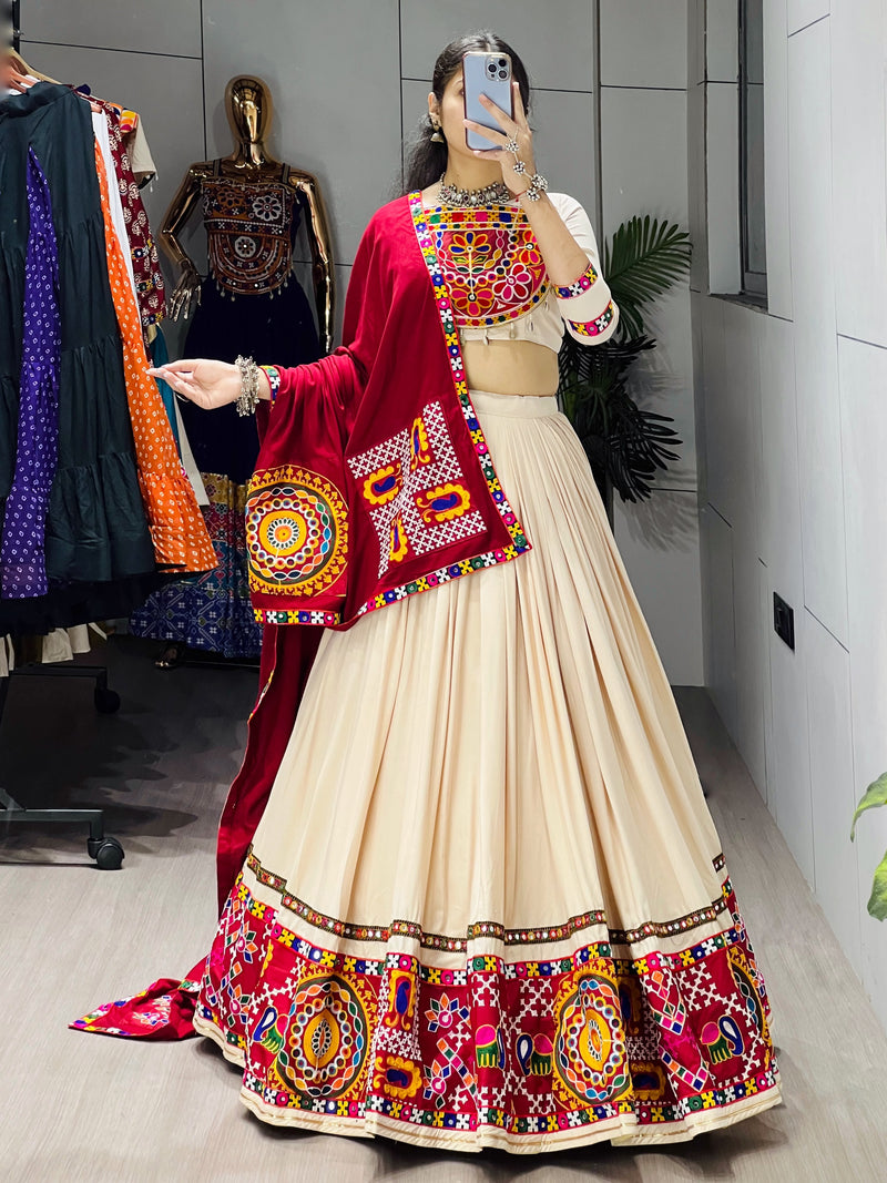 Premium Vanilla Gamthi Mirror Work Lehenga Choli with Dupatta – Fully Stitched Kutchi Navratri Garba Wear