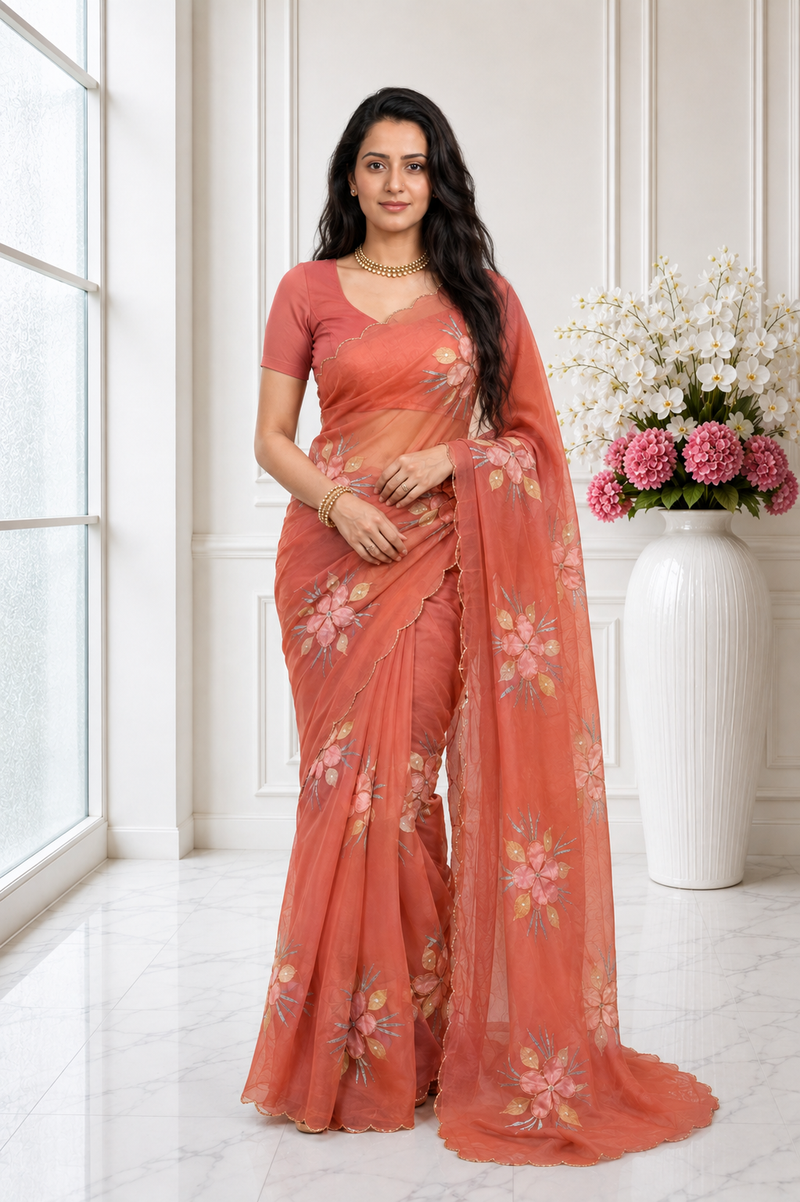 Premium Bari Chiffon Silk Saree | Floral Handprint & Cutdana Handwork | Cutwork Border