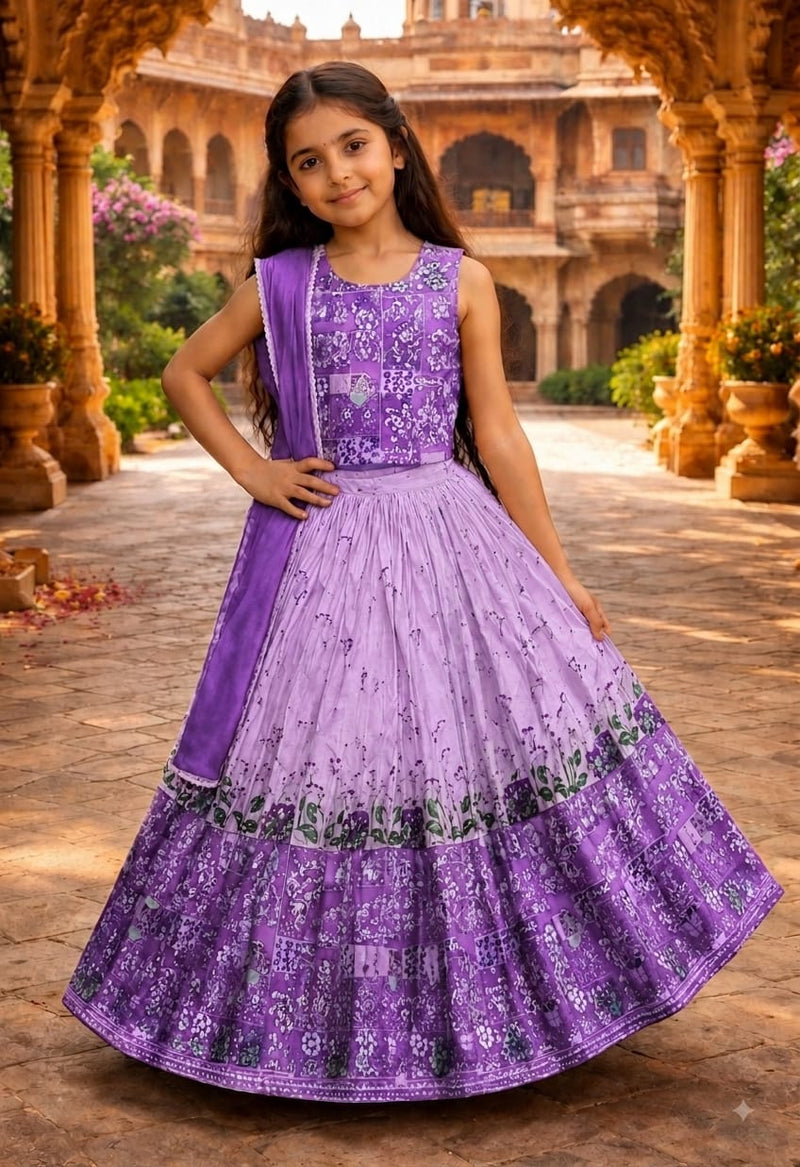 Kids Chinnon Silk Lehenga Set | Digital Print Blouse & Fancy Latkan Dori | Ready to Wear