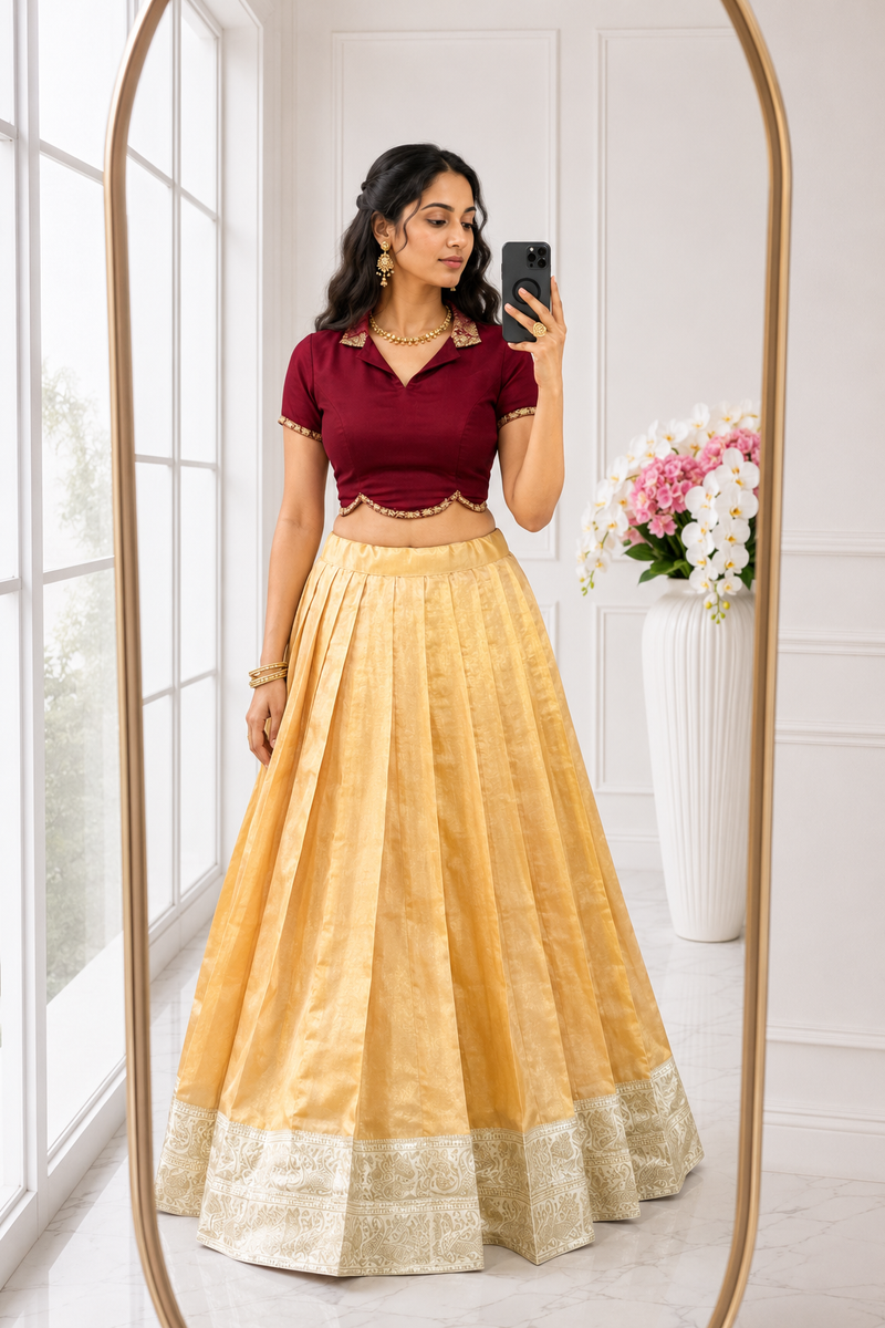Onal Indo-Western Silk Skirt and Maroon Blouse Set