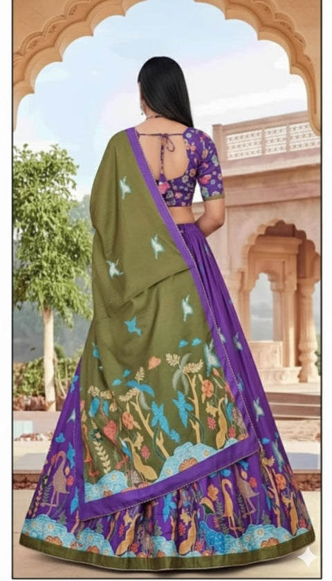 Purple & Olive Green Dolla Tusser Silk Chaniya Choli | Peacock Print