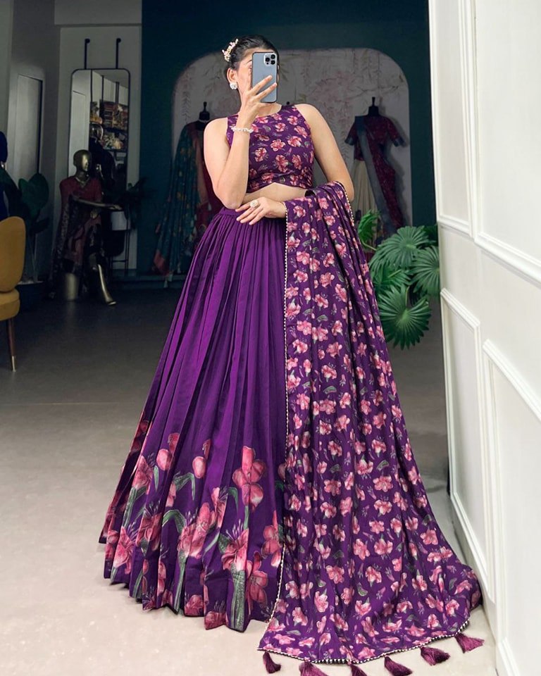 Dolla Tusser Silk Chaniya Choli | Floral Print Designer Lehenga