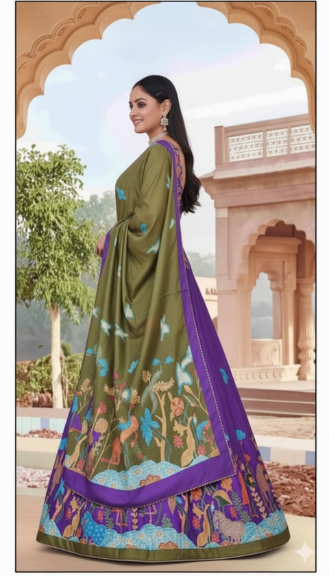 Purple & Olive Green Dolla Tusser Silk Chaniya Choli | Peacock Print