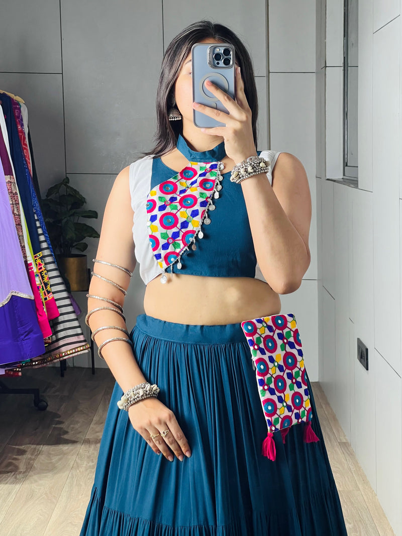 Premium Teal Blue Rama Gamthi Mirror Work Chaniya Choli | Fully Stitched 6 Meter Flair Lehenga Choli with Matching Batwa