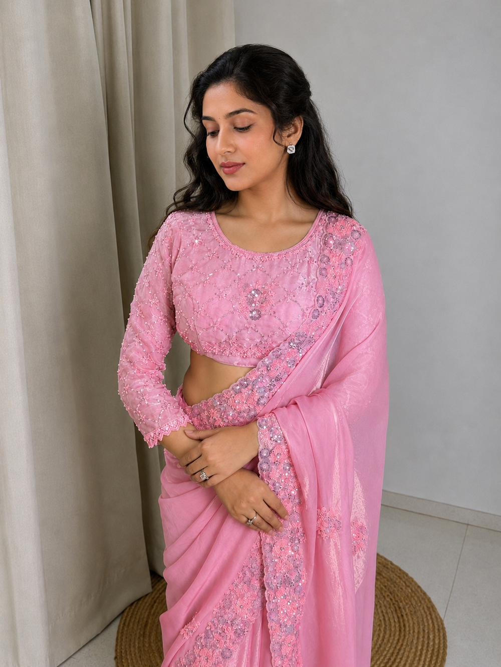 Women's Premium Blush Pink Fandy Satin Saree with Heavy Sequins and Beadwork