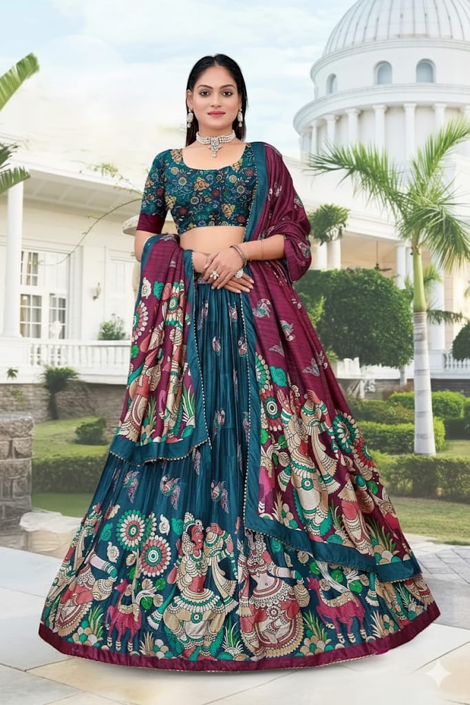 Teal & Wine Dolla Tusser Silk Chaniya Choli | Peacock Print Lehenga