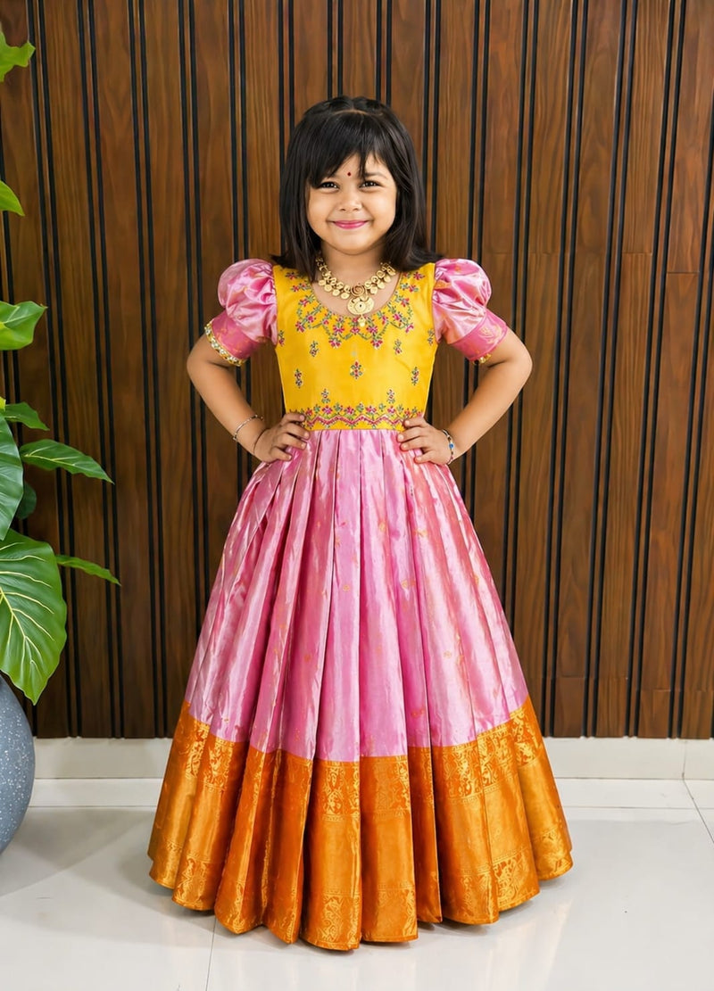 Kanjivaram Silk Kids Gown | Heavy Embroidery Work | Fully Stitched | Ages 1–15 Years