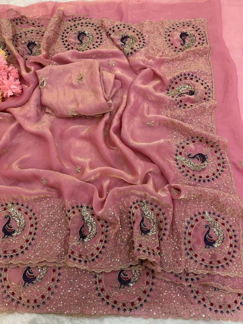 Premium Space Satin Saree | All-Over Thread & Sequin Work | Embroidered Unstitched Blouse | Party & Festive Wear