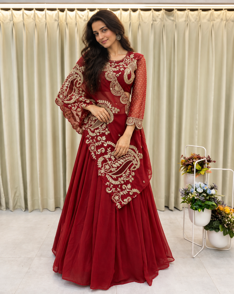 Premium 3-Piece Party Wear Flared Lehenga, Blouse & Shrug Set in Rust, Purple, Red, and Green