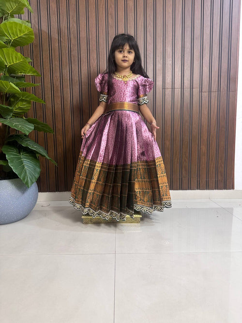 Designer Kids Pure Silk Gown with Heavy Zari Work, Embroidery Lace & Full-Flare Canvas