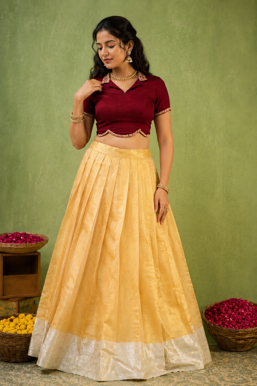 Onal Indo-Western Silk Skirt and Maroon Blouse Set