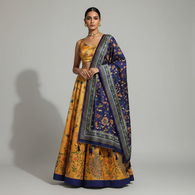 Dolla Tusser Silk Chaniya Choli | Peacock Print Designer Lehenga